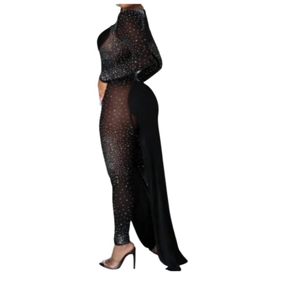 Banjul Black Long-Sleeve Rhinestone Embellished Evening Gown With Draped Design - Picture 3 of 6